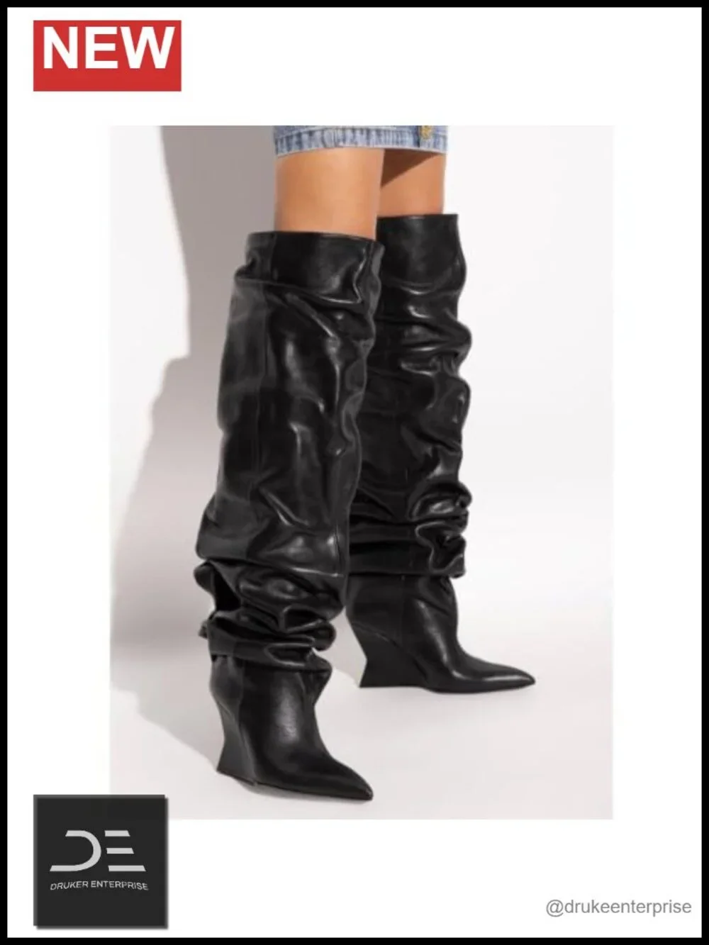 Over the Knee Boots Wedge Heel Wide Calf Ruched Slouchy Pull On Pointed Toe